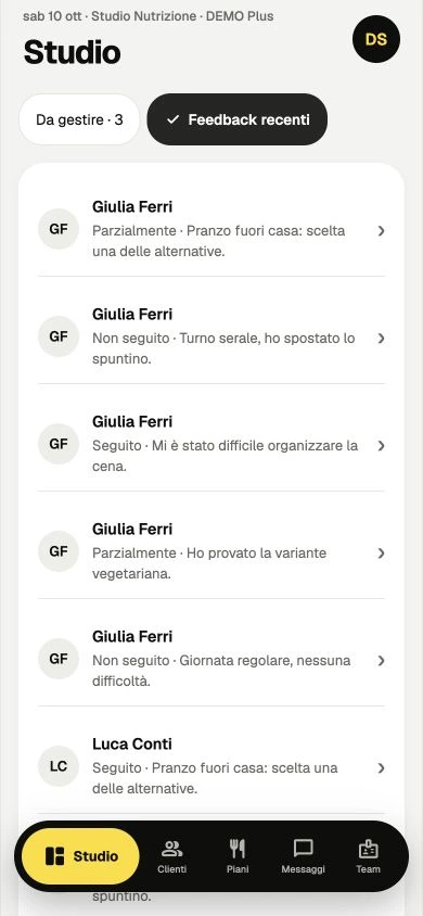 Studio Misurami: feedback alimentari dei clienti demo