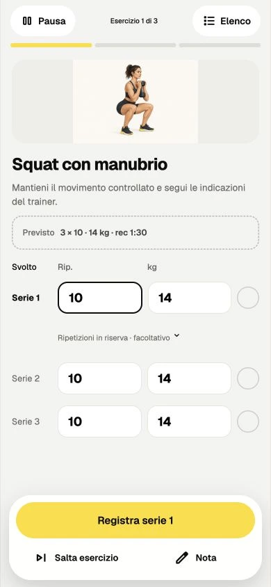 Allenamento Misurami: squat con manubrio, serie e carichi registrati